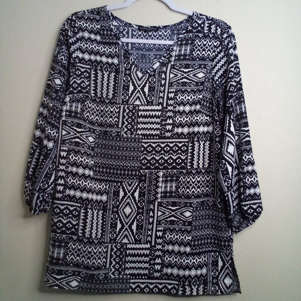 Mario Serrani Blouse Women S Long Sleeve V-Neck Pattern Black White